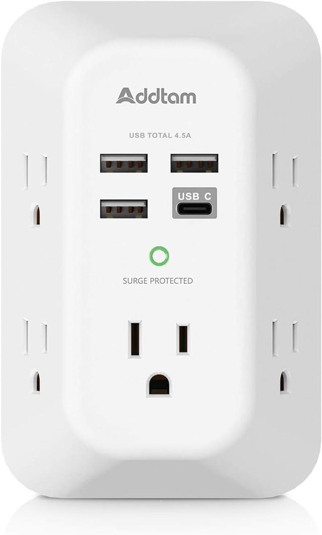 Surge Protector. Outlet Extender with Night Light. Addtam 5-Outlet Splitter and 4 USB Ports(1 USB C/2 USB C). USB Wall Charger Power Strip. Multi Plug Outlet for Home. Office. School. ETL Listed