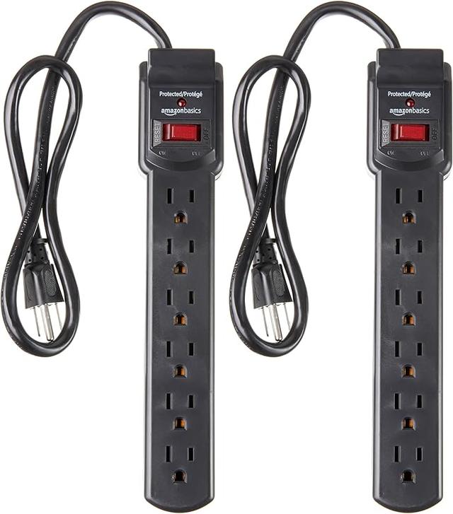 Amazon Basics 6-Outlet Surge Protector Power Strip 2-Pack. 2-Foot Long Cord. 200 Joule