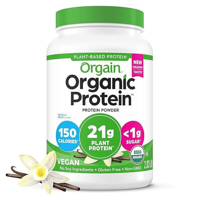 Orgain Organic Vegan Protein Powder. Vanilla Bean - 21g Plant Based Protein. Gluten Free. Dairy Free. Lactose Free. Soy Free. No Sugar Added. Kosher. for Smoothies & Shakes - 10 Travel Packets