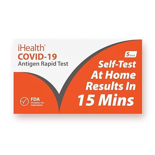 iHealth COVID-19 Antigen Rapid Test. 1 Pack. 5 Tests Total. FDA EUA Authorized OTC at-Home Self Test. Results in 15 Minutes with Non-invasive Nasal Swab. Easy to Use & No Discomfort