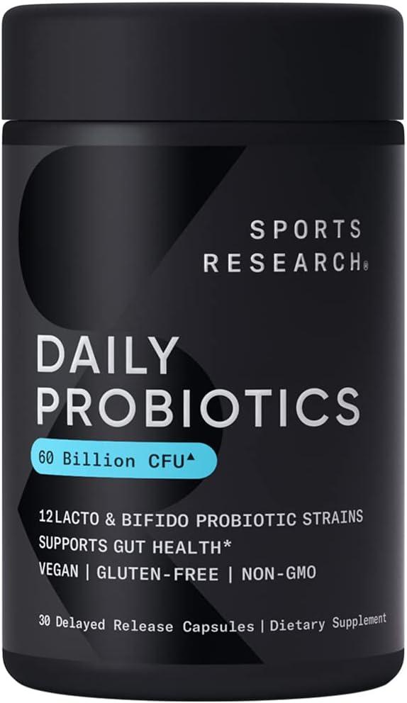 Sports Research Daily Probiotics with Prebiotics, 60 Billion CFU - Vegan Capsules for Gut Health & Digestive Support